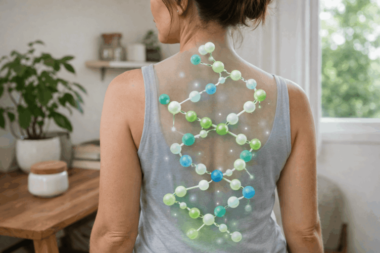 femme de dos avec illustration de chaînes de peptides